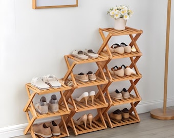 Foldable Bamboo Shoe Rack, Adjustable Multi-Tier Rustic Organizer, Space Saving Plant Stand