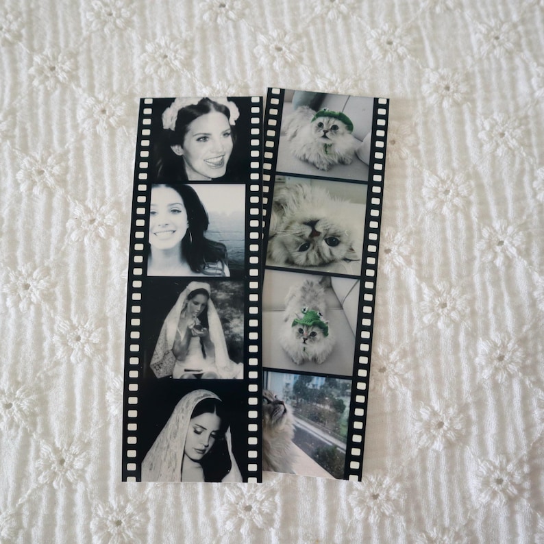 May include: Two vertical film strips featuring black and white photographs. The left strip displays four portraits of a woman, including two wearing veils. The right strip shows four images of a fluffy cat, two of which feature the cat wearing a green hat.