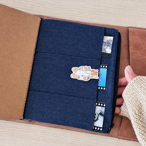 Pode incluir: Uma capa de caderno em couro castanho com uma inserção de tecido azul escuro com três bolsos horizontais. Os bolsos contêm pequenas impressões fotográficas retangulares e tiras de filme. Um autocolante de um gato malhado laranja está fixado no centro.
