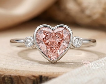2-4 CT IGI Cetified Pink Heart Lab Grown Diamond Ring, White Gold Bezel Engagement-Ring