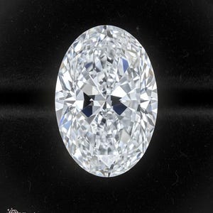 Könnte beinhalten: Ein großer, oval geschliffener Diamant mit vielen Facetten, vor schwarzem Hintergrund. Der Diamant funkelt mit inneren Reflexionen und zeigt seine Klarheit und seinen Schliff. Das Bild ist gut beleuchtet und unterstreicht die Brillanz des Edelsteins. Das Logo "DSJewels Labgrown" befindet sich unten links.