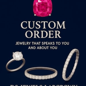 May include: A pendant with a large, cushion-cut, hot pink gemstone is at the top of the image. Below, the words "CUSTOM ORDER" are displayed. The image also shows a ring with a large, round, clear gemstone, a band ring, and a bracelet.
