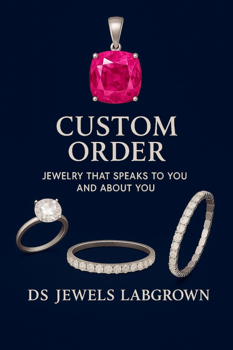 May include: A pendant with a large, cushion-cut, hot pink gemstone is at the top of the image. Below, the words "CUSTOM ORDER" are displayed. The image also shows a ring with a large, round, clear gemstone, a band ring, and a bracelet.