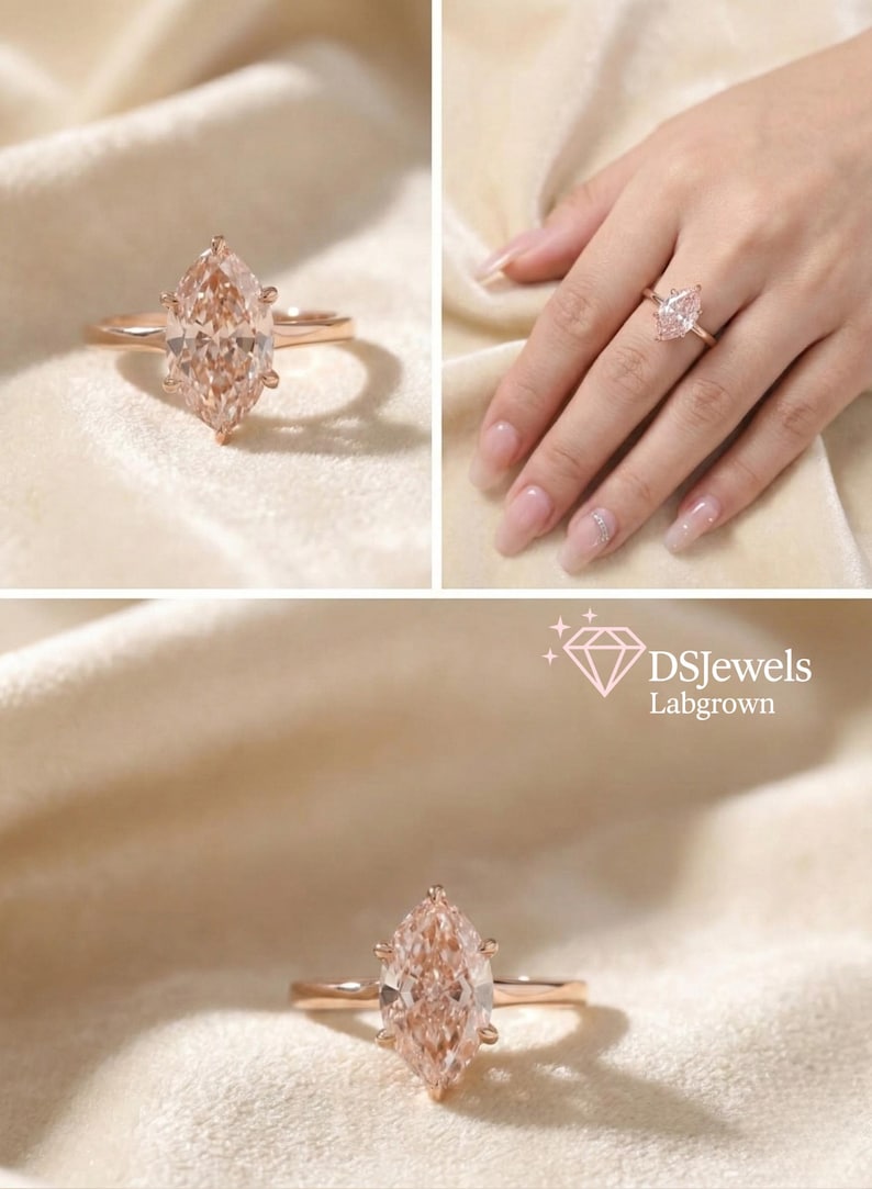 May include: Rose gold ring with a marquise-cut, light pink gemstone. The ring is displayed on a cream-colored surface and also worn on a hand. The image includes the text "DSJewels Labgrown".