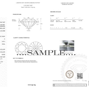 May include: A white laboratory report from the International Gemological Institute, detailing a laboratory-grown diamond. The report includes grading results, clarity characteristics, and a diagram of the diamond's proportions. The text "SAMPLE" is prominently displayed.