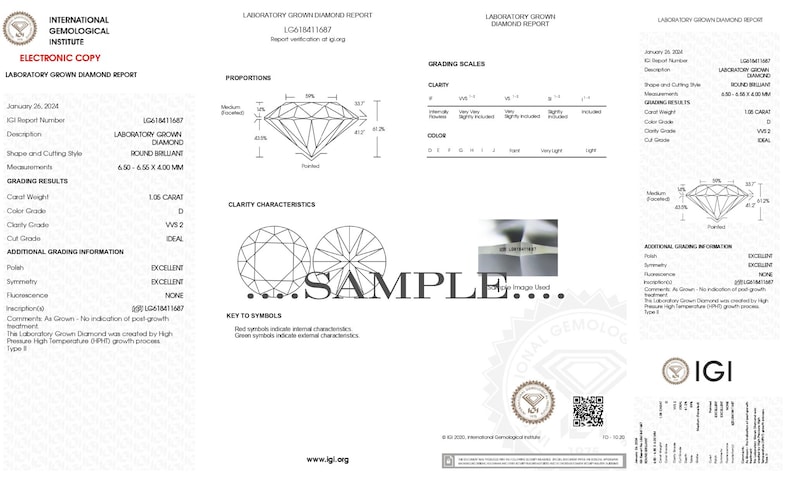 May include: A white laboratory report from the International Gemological Institute, detailing a laboratory-grown diamond. The report includes grading results, clarity characteristics, and a diagram of the diamond's proportions. The text "SAMPLE" is prominently displayed.