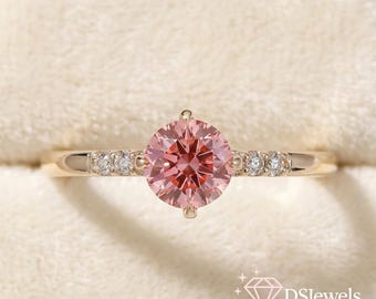 1-2 Cts IGI Certified Pink Lab Grown Diamond Engagement Ring | Round Cut Pink Diamond Ring |  Romantic Proposal Ring