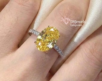 Anillo de compromiso con diamante amarillo ovalado de 3 quilates cultivado en laboratorio, oro de 14 quilates