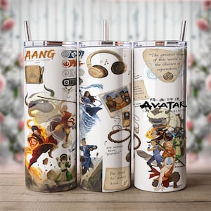 Puede incluir: Tres vasos cilíndricos blancos con pajitas de metal que presentan gráficos de Avatar: The Last Airbender. Los diseños incluyen a Aang, Katara, Zuko, Toph y Appa, junto con el texto "The greatest illusion of this world is the illusion of separation."