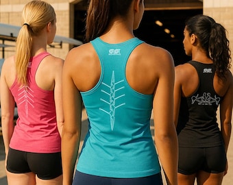 May include: Three women wearing athletic tank tops and shorts. The tank tops are pink, teal, and black, each with a rowing-themed graphic on the back. The text "OLOT ROWING" is visible at the top. The shorts are black and navy blue.