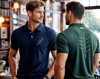 May include: Two men wearing navy and green polo shirts with rowing-themed graphics. The navy shirt has a white design on the front, while the green shirt has a similar design on the back. The text "ROWING" is visible at the top.