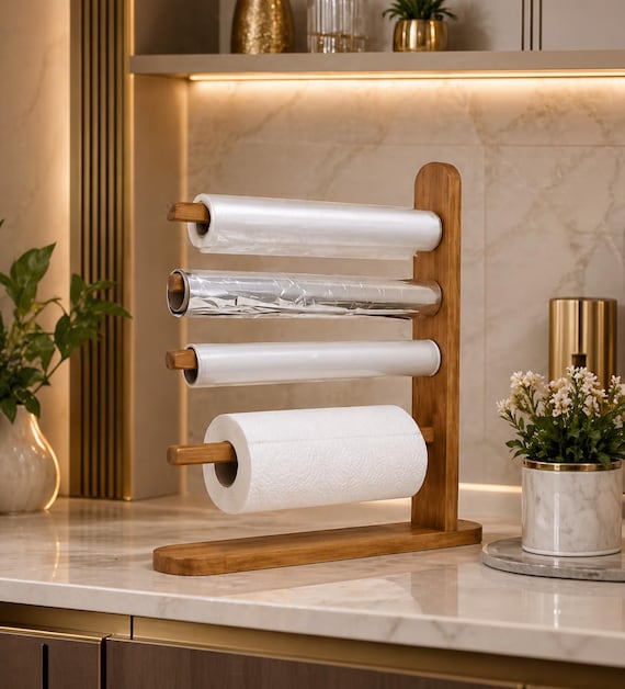 Akazienholz Küchenrollenhalter, Papierhandtuch Folie Wrap Organizer Ständer