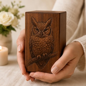 Könnte beinhalten: Eine Holzbox mit einer detaillierten Gravur einer Eule auf einem Ast. Die Eule ist braun mit komplizierten Federdetails und großen Augen. Die Box hat eine dunkle Holzmaserung.