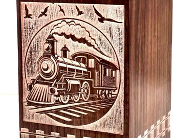 Engraved Train Wooden Box, Memory Storage, Keepsake Urn