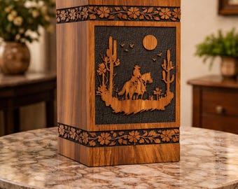 Handcrafted Wooden Cremation Urn Box Solid Wood Memorial with Floral Border & Western Cowboy Engraving Elegant Keepsake Urn for Ashes