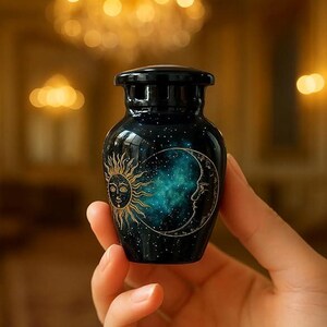 Puede incluir: Una pequeña urna azul oscuro con un diseño celestial. La urna presenta un sol y una luna dorados con un fondo estrellado y una nebulosa turquesa. La urna está sostenida en una mano.
