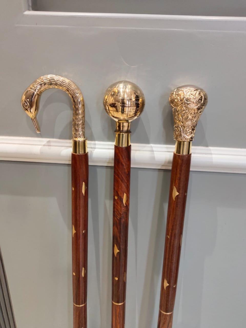 Handmade Brass Handle Walking Cane Wooden Shaft Vintage Style Stick for Men Gift