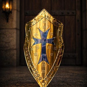 Op de afbeelding: Een goudkleurig schild met een blauw kruis in het midden. Het schild heeft een decoratieve rand en staat tegen een donkere houten achtergrond, wat een middeleeuws thema oproept.