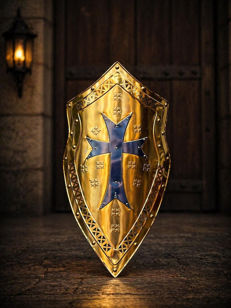 Op de afbeelding: Een goudkleurig schild met een blauw kruis in het midden. Het schild heeft een decoratieve rand en staat tegen een donkere houten achtergrond, wat een middeleeuws thema oproept.