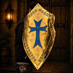 Op de afbeelding: Een goudkleurig schild met een blauw kruisontwerp. Het schild heeft een decoratieve rand. De achtergrond toont een stenen muur, een houten deur en een lantaarn. Het schild wordt voor een persoon gehouden.