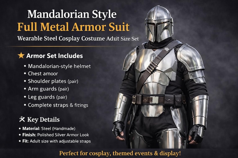 Mandalorian Inspired Full Steel Armor Suit Wearable Cosplay Costume Adult Display Set image 2