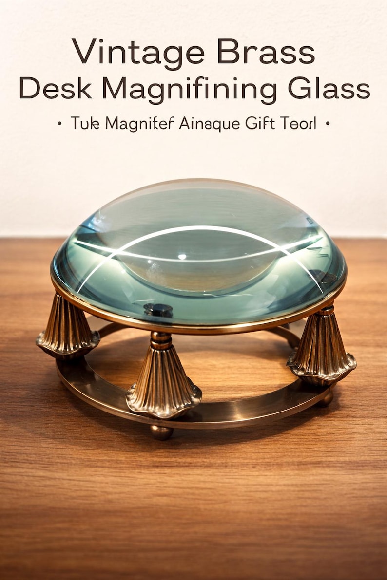May include: Vintage brass desk magnifying glass with a clear, rounded lens. The magnifying glass is supported by a brass base with decorative, cone-shaped feet. The text "Vintage Brass Desk Magnifying Glass" is at the top.