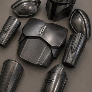 May include: A set of dark metallic gray armor pieces including a full helmet with a T-shaped visor, a chest plate with a central emblem, two shoulder pauldrons, and four forearm gauntlets. The text ForgeMysticShop is printed at the bottom.