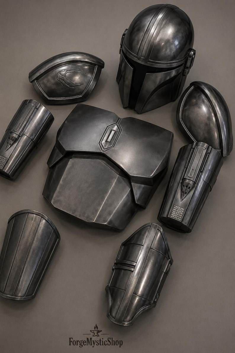 May include: A set of dark metallic gray armor pieces including a full helmet with a T-shaped visor, a chest plate with a central emblem, two shoulder pauldrons, and four forearm gauntlets. The text ForgeMysticShop is printed at the bottom.