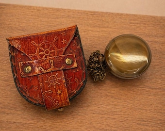 Brass Sundial Compass with Chain Leather Box Nautical Vintage Gift Handmade Decor