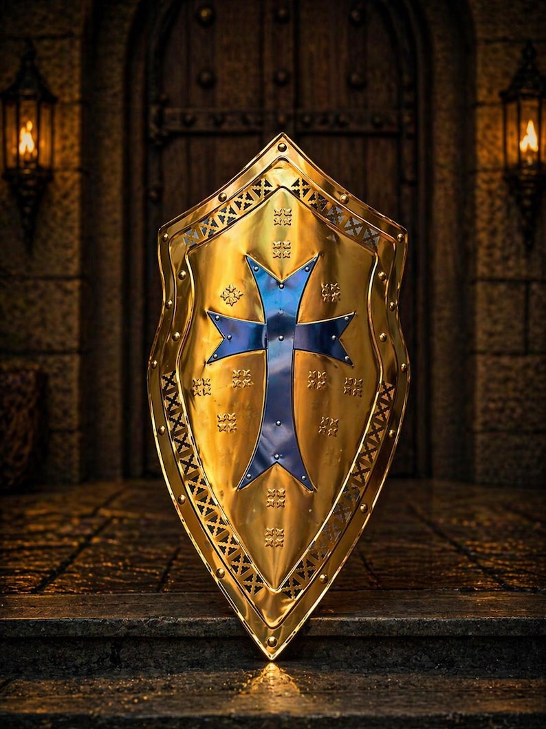 Op de afbeelding: Een goudkleurig schild met een blauw kruis in het midden. Het schild heeft een decoratieve rand en is bezet met klinknagels. De achtergrond toont een houten deur en stenen muren, met lantaarns aan weerszijden.