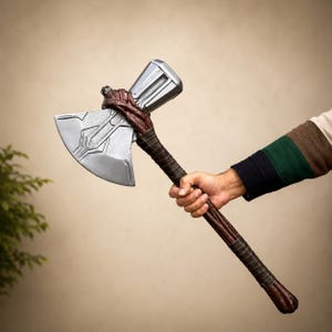 May include: A silver-colored battle axe with a metallic head and a dark brown, textured handle. The axe head features geometric engravings and is attached to the handle with a wrapped, vine-like brown material that extends down the shaft.