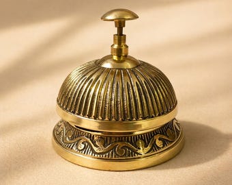 Brass Desk Bell Vintage Engraved Service Bell Hotel Reception Counter Decor Handmade