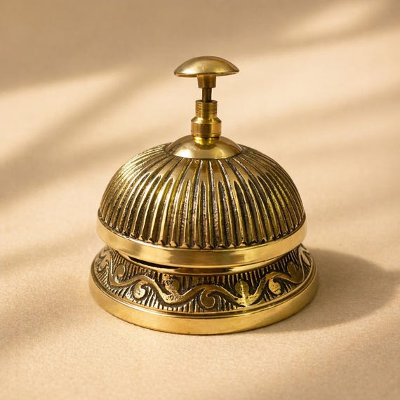 Brass Desk Bell Vintage Engraved Service Bell Hotel Reception Counter Decor Handmade
