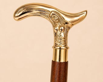 Victorian Walking Stick Brass Handle Wooden Cane 3 Fold Vintage Handmade