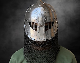 Handmade Viking Helmet with Chainmail, Medieval Warrior Helmet, Norse LARP Cosplay Armor, Wearable Steel Replica