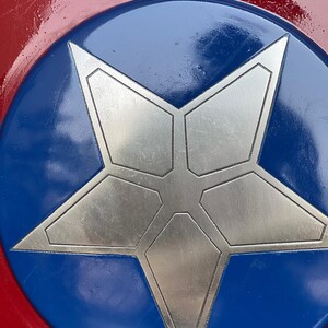 K&ouml;nnte beinhalten: Nahaufnahme eines rot, wei&szlig; und blau gehaltenen Schildes. Das Schild hat einen silbernen Stern in der Mitte, der sich vor einem blauen Kreis abhebt. Die &auml;u&szlig;eren R&auml;nder sind rot und gl&auml;nzend.
