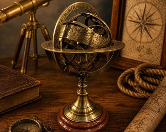 Globe vintage en laiton avec sphère armillaire, décoration de bureau d'astronomie scientifique faite main