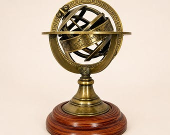 Brass Armillary Sphere with Wooden Base Nautical Desk Decor Celestial Globe