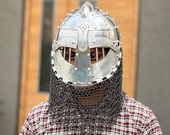 Viking Vendel Helmet with Chainmail Steel Warrior Armor LARP SCA Cosplay Handmade