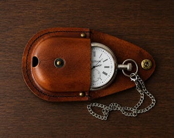 Vintage Pocket Watch Chrome Brass Chain Watch with Leather Case Classic Style