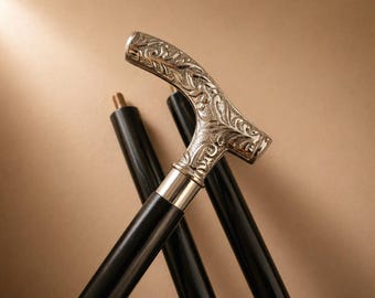 Victorian Walking Cane Black Brass Handle Wooden Stick Vintage Style Handmade