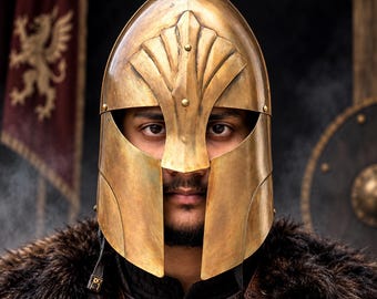 Elven Warrior Helmet, Brass Finish Steel Fantasy Armor, Handmade LARP Cosplay Costume