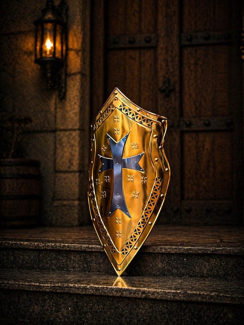 Op de afbeelding: Een goudkleurig schild met een blauw kruisontwerp. Het schild heeft een decoratieve rand en staat tegen een donkere, getextureerde achtergrond, wat een middeleeuws thema suggereert. Het schild is ongeveer 61 cm hoog.