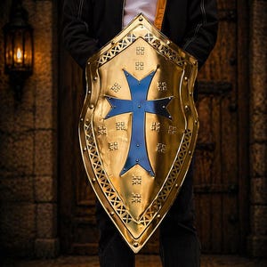 Op de afbeelding: Een goudkleurig schild met een blauw kruisontwerp. Het schild heeft een decoratieve rand en wordt door een persoon vastgehouden. De achtergrond toont een houten deur en een lantaarn.