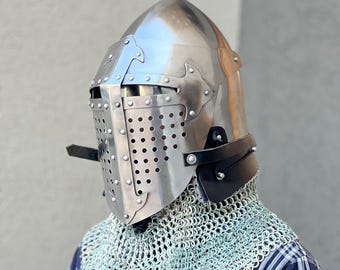 Handmade Medieval Knight Helmet with Chainmail Coif, Steel LARP Cosplay Armor, Wearable Replica