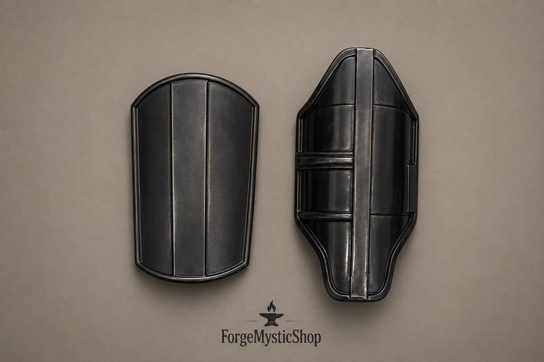 May include: Two black metal bracers with a smooth finish and raised vertical ridges. The left piece is a rounded rectangular shape, while the right piece features a contoured design with a central spine. The text ForgeMysticShop is at the bottom.