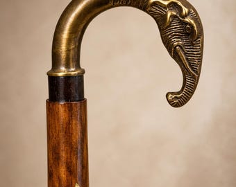 Bengala artesanal com cabeça de elefante, cabo de latão, presente elegante para cavalheiros.