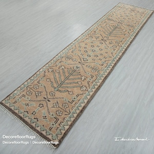 May include: A rectangular, beige runner rug with a detailed, repeating pattern. The rug features a central design with floral and geometric elements in shades of brown and teal. The edges are bordered with a darker brown and teal pattern, and the rug has a fringed edge.