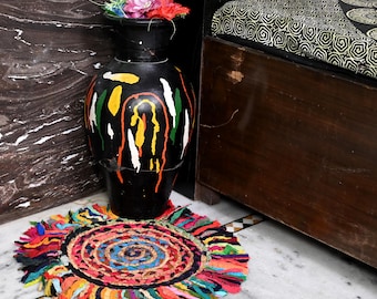 Ręcznie robiony okrągły dywanik z juty, elegancki dywanik boho z juty