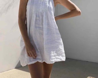 Camisón corto de lino indio hecho a mano, suave al tacto, práctico para la piel, ideal para el verano. Ropa de dormir. Camisón blanco. Lencería.